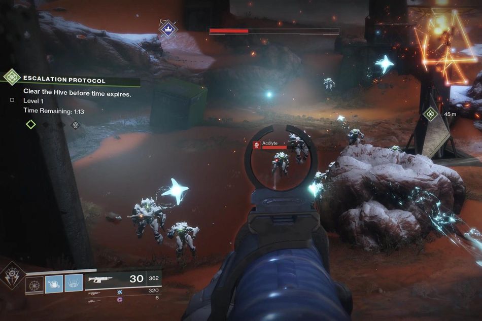 Screenshot of Destiny 2's public event on Mars called Escalation Protocol in action.