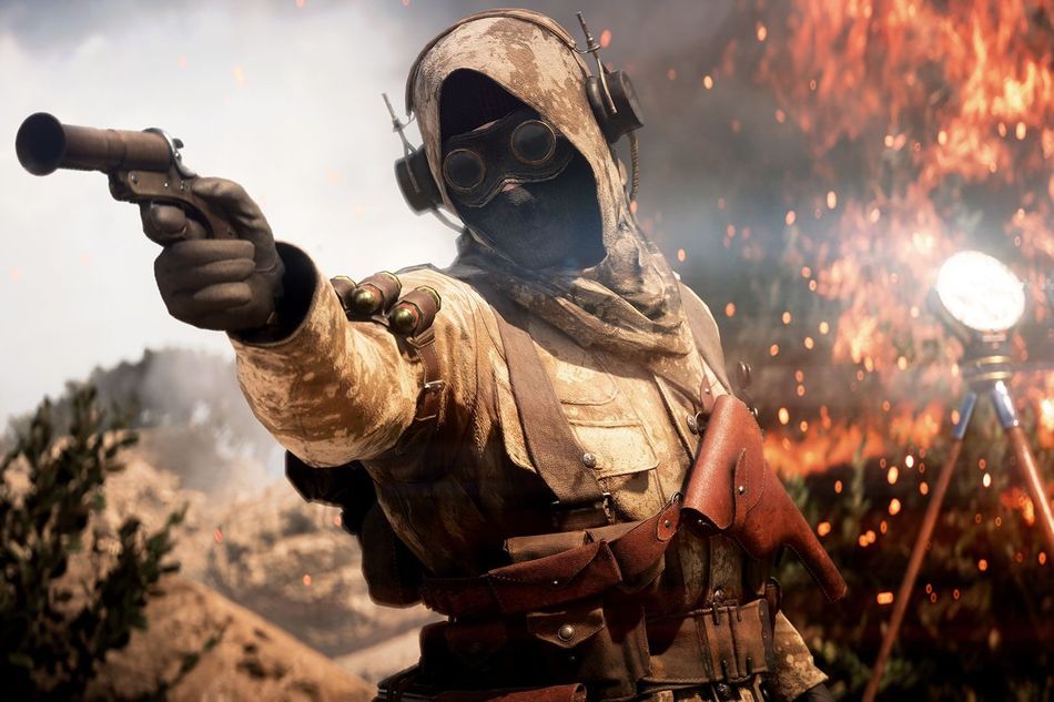 Creepy guy with a creepy mask is aiming his creepy gun at something in Battlefield.