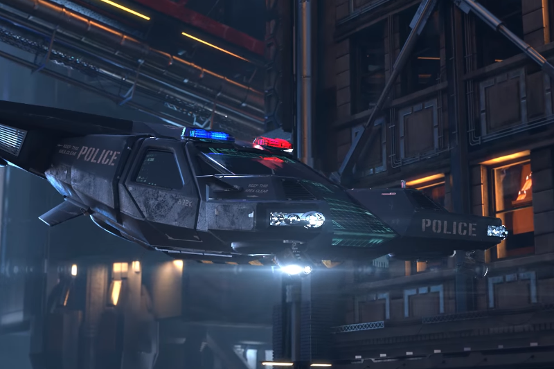 A flying police car in Cyberpunk 2077