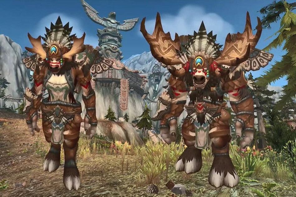 Highmountain Tauren male and female posing for a screenshot.