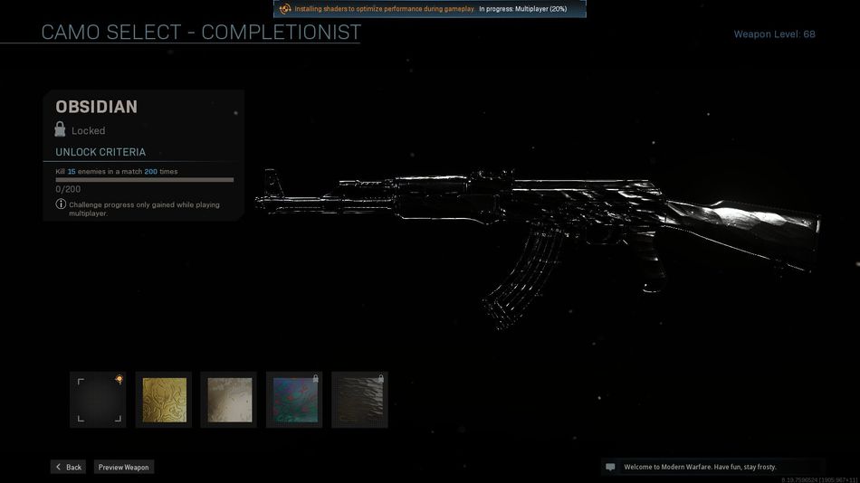 Obsidian Camo in cod mw showing AK 47