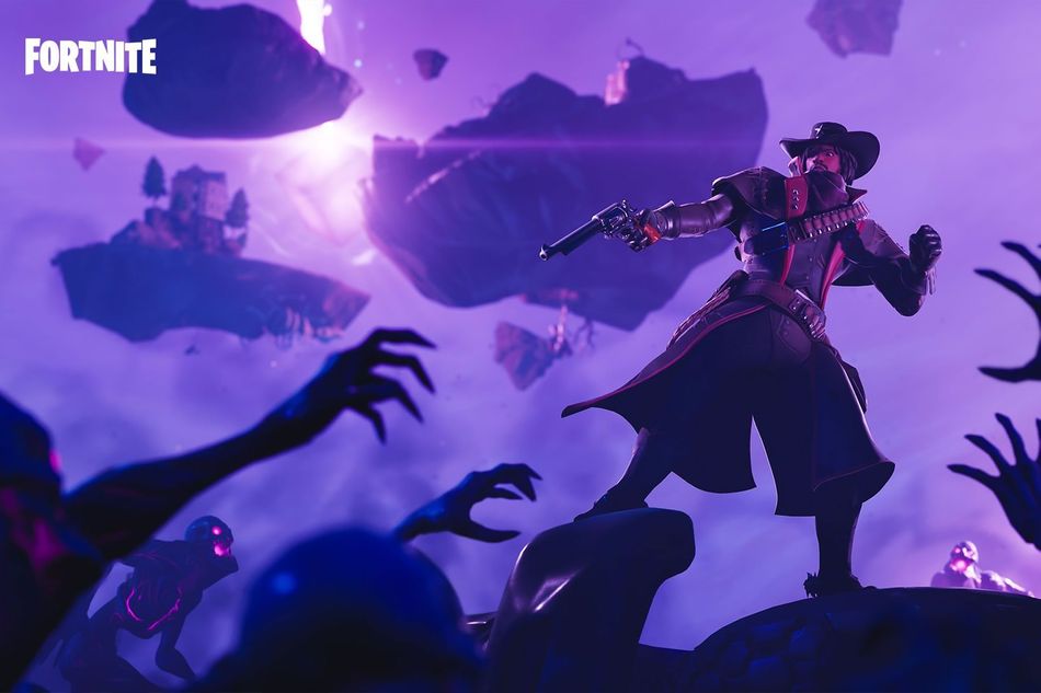 A man dressed like a cowboy shooting at monsters in Fortnite