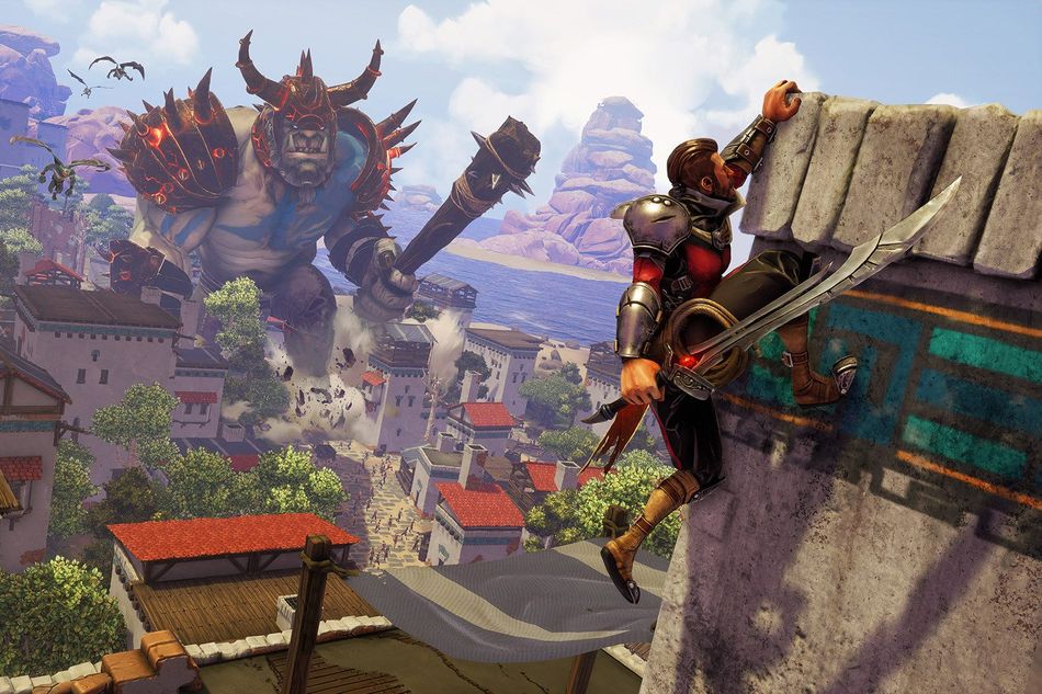 Humanity's defender is enjoying a wall climbing exercise while an ogre is ruining the city.