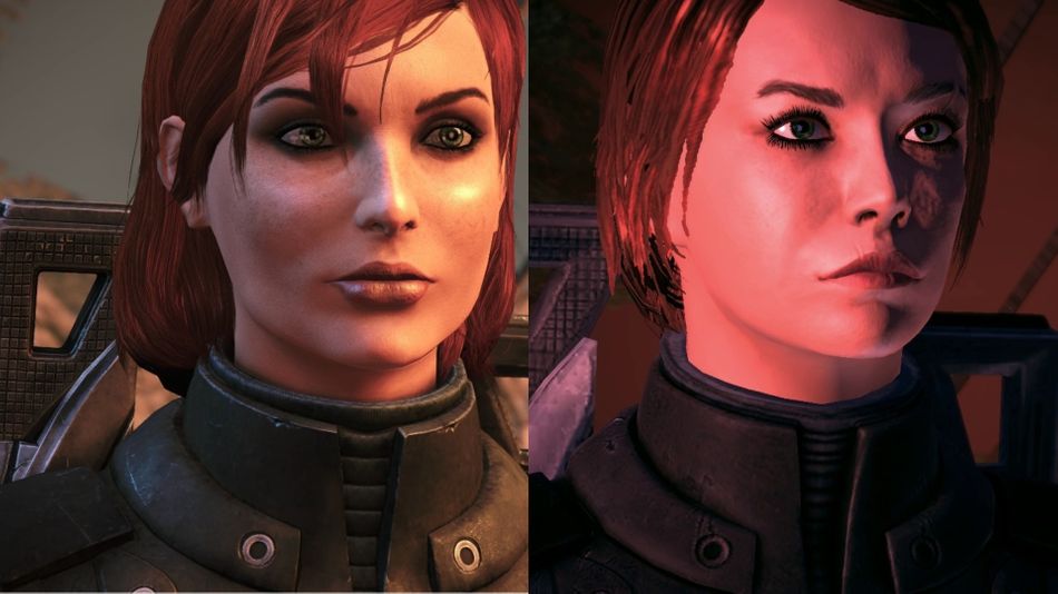 FemShep from Mass Effect Legendary Edition side by side with FemShep from the original ME3.
