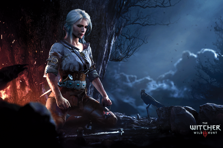 Ciri kneeling next to a campfire