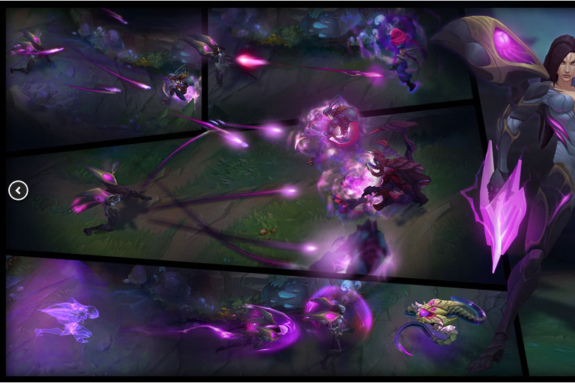 Several League of Legends screenshots showing the abilities of League's new champion Ka'isa, in a black and violeta palette.