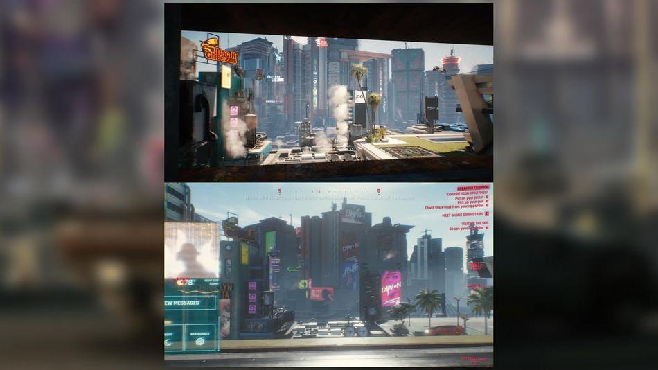 Cyberpunk 2077 in 2020 (above) and 2018 (below)