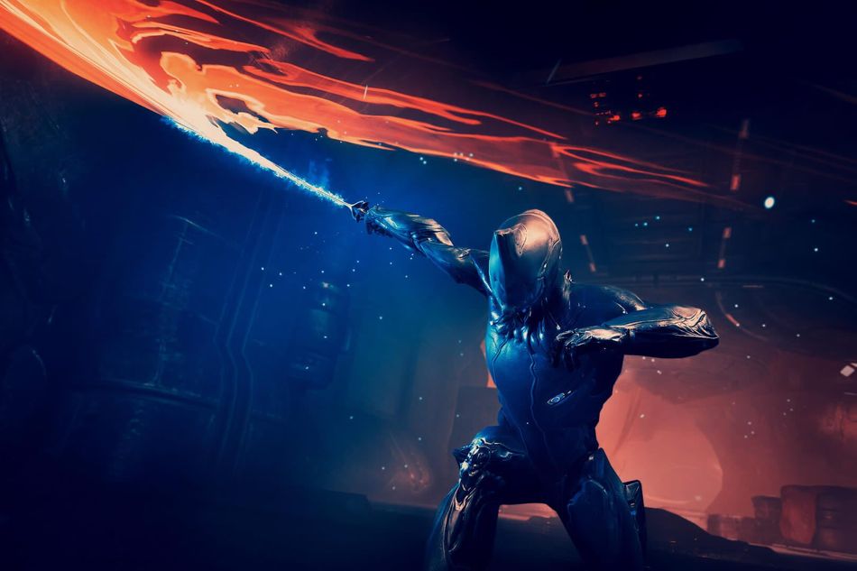 Warframe character swinging a sword of fire