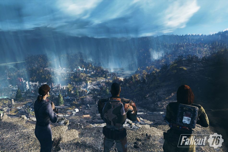 Picture of three people looking at Appalachia in Fallout 76