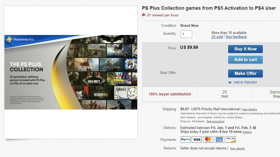 An ad on ebay for ps plus collection psn account