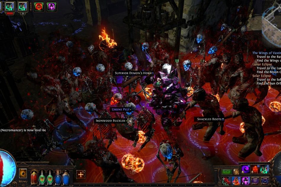 Path of Exile necromancer screenshot with hordes of undead in tight corridors