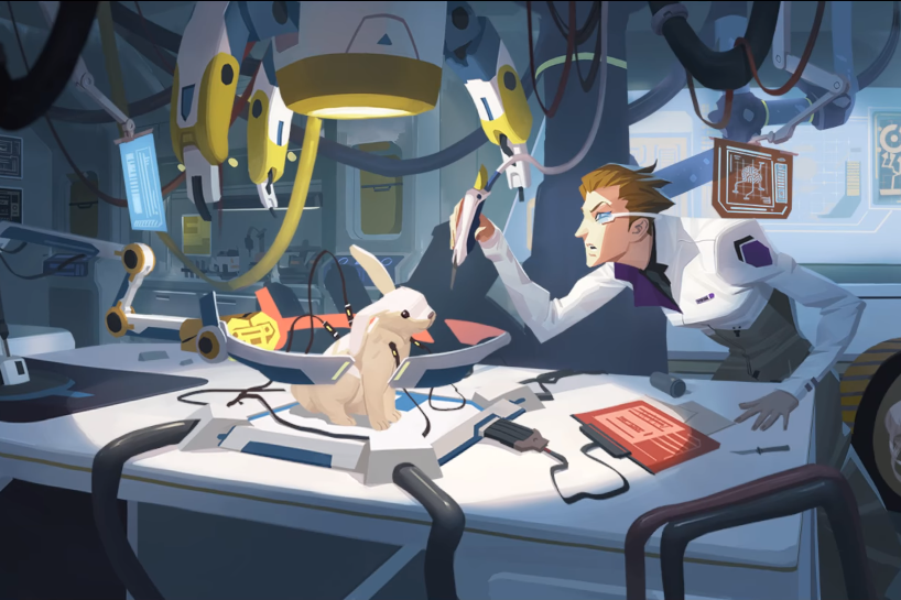 Moira experimenting on a lab rabbit