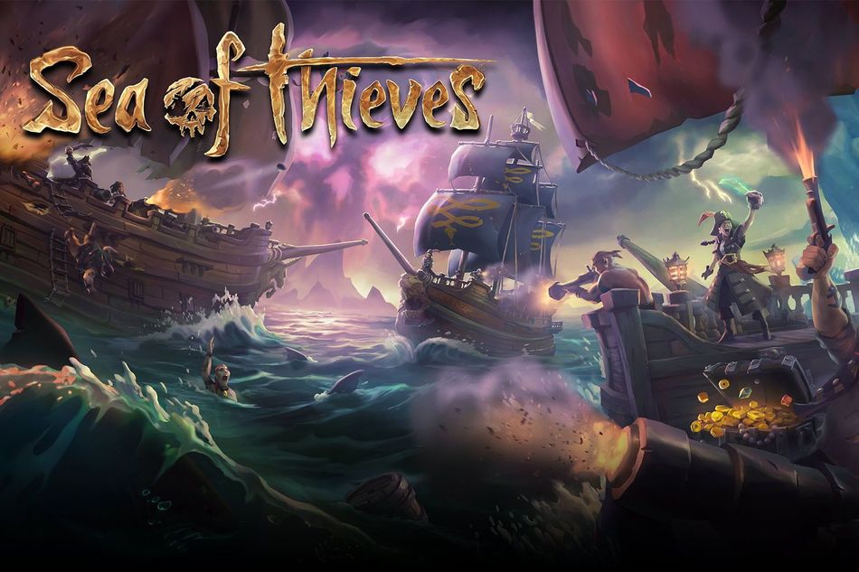 Sea of Thieves logo with ships and game characters in the background