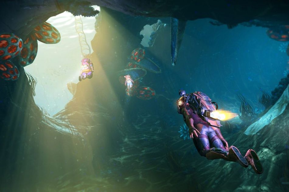 Picture showing two players diving underwater in No Man's Sky