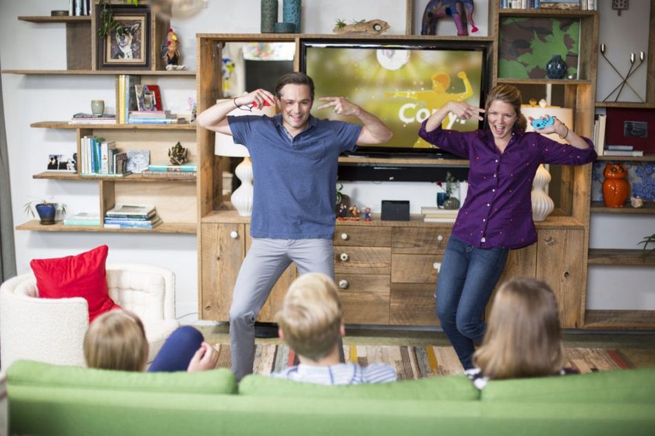 Parents gloating with joycons in their hands, as kids watch helplessly.