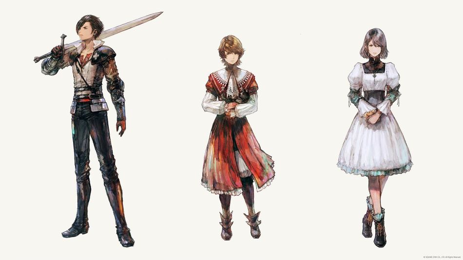 Art showing the Heroes of Final Fantasy XVI: Clive, Joshua, and Jill. 