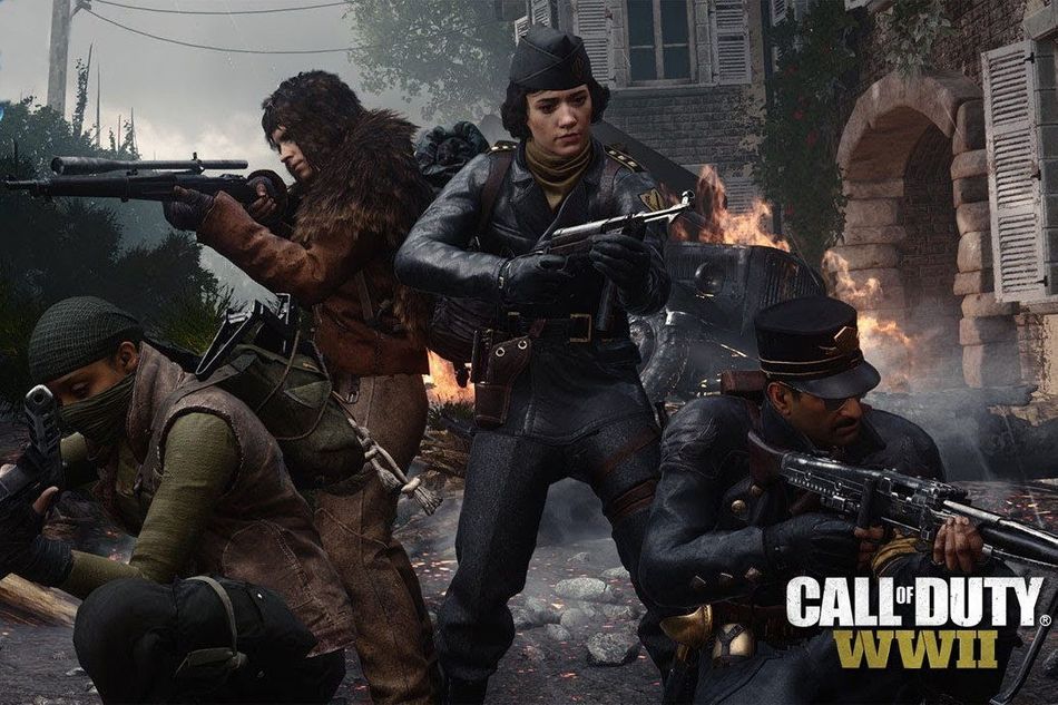 Four dummies are posing for a picture while a zombie horde craves their brains