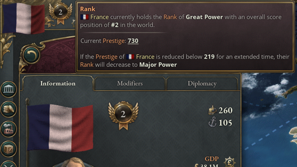 France starts the game as the second Great Power, just behind Britain in Prestige