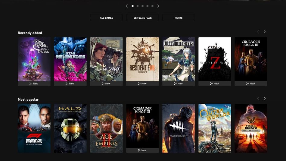 Xbox app on Windows 10 browsing Game Pass library of games for PC