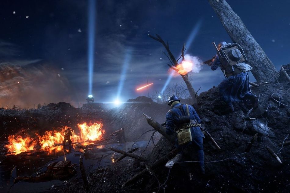 Two soldiers shooting across the trenches in Battlefield 1's Nivelle Nights map