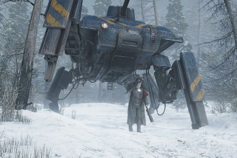 Iron Harvest art-work showing commander with walker tank in background in the woods