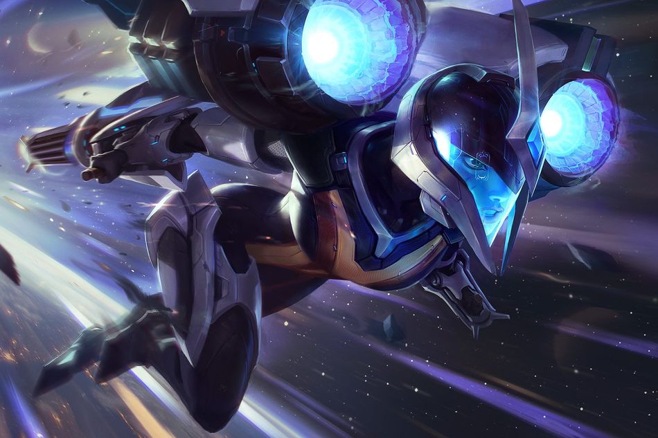 Splash art of the first available skin for Ka'isa in League of Legends seems to be a high tech suit in blue and gray shades.