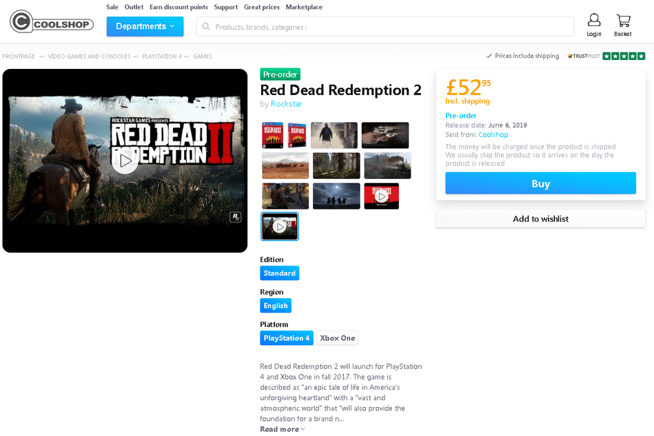 Red Dead Redemption 2 - Coolshop listing for the PlayStation 4 version