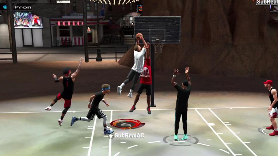 A player going for a posterizing dunk in MyPARK in NBA 2K20.