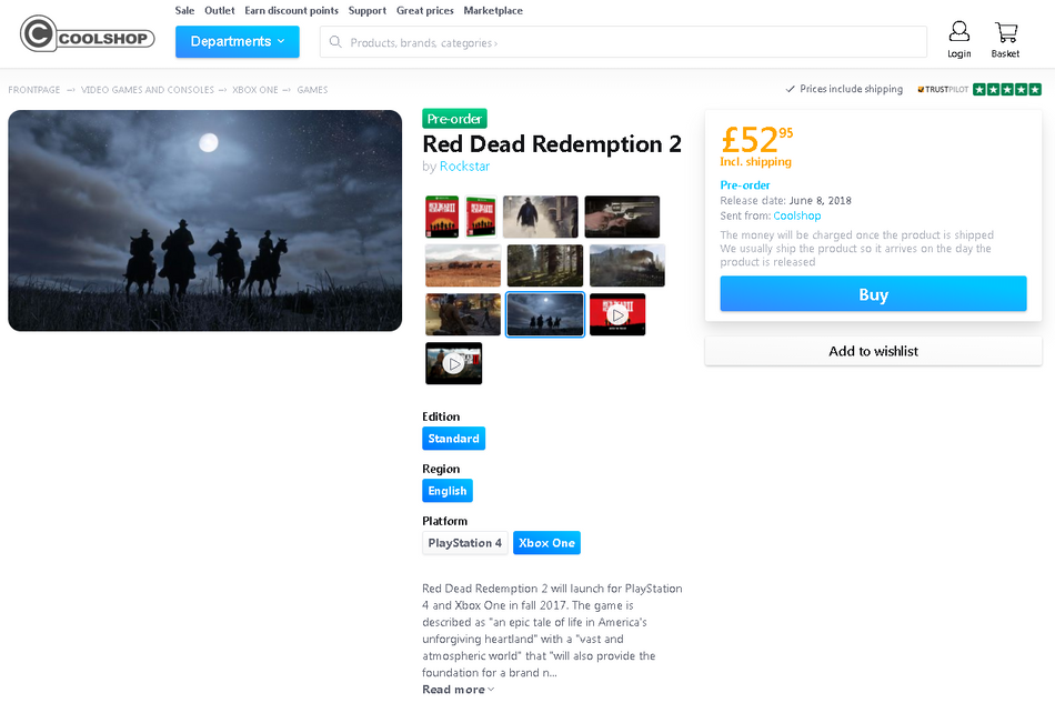 Red Dead Redemption 2 - Coolshop listing for the Xbox One version