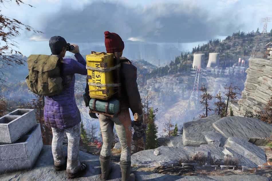 fallout 76 screenshot showing two characters standing on a cliff