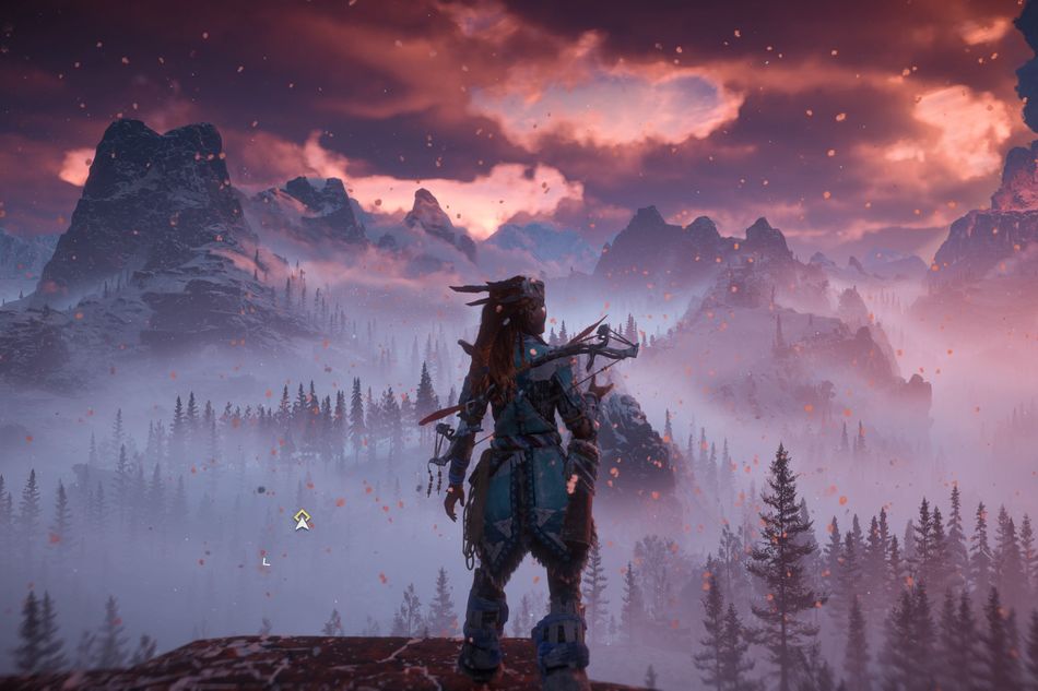 Screenshot from Horizon Zero Dawn showing Aloy watching a sunset that makes the landscape appear in orange and purple shades.