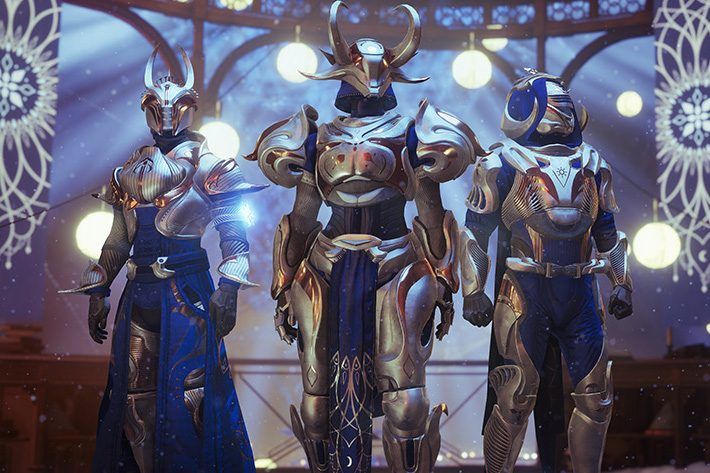 Three posers in shiny armors looking at different spots in the room.