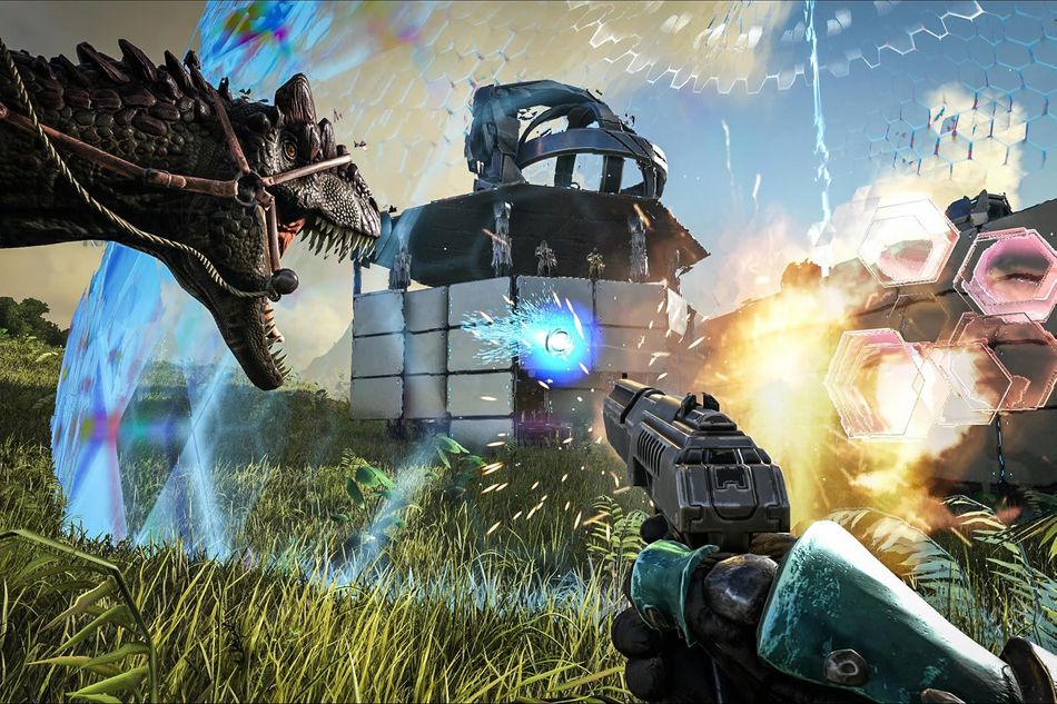 A gun pointing at a force field of sorts from the game Ark: Survival Evolved