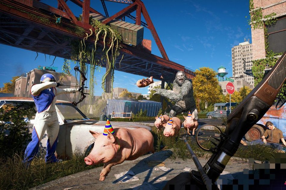 Screenshot from Far Cry Arcade showing a ridiculous situation of a yeti chasing a herd of pigs while one human is observing and the other is drunk.