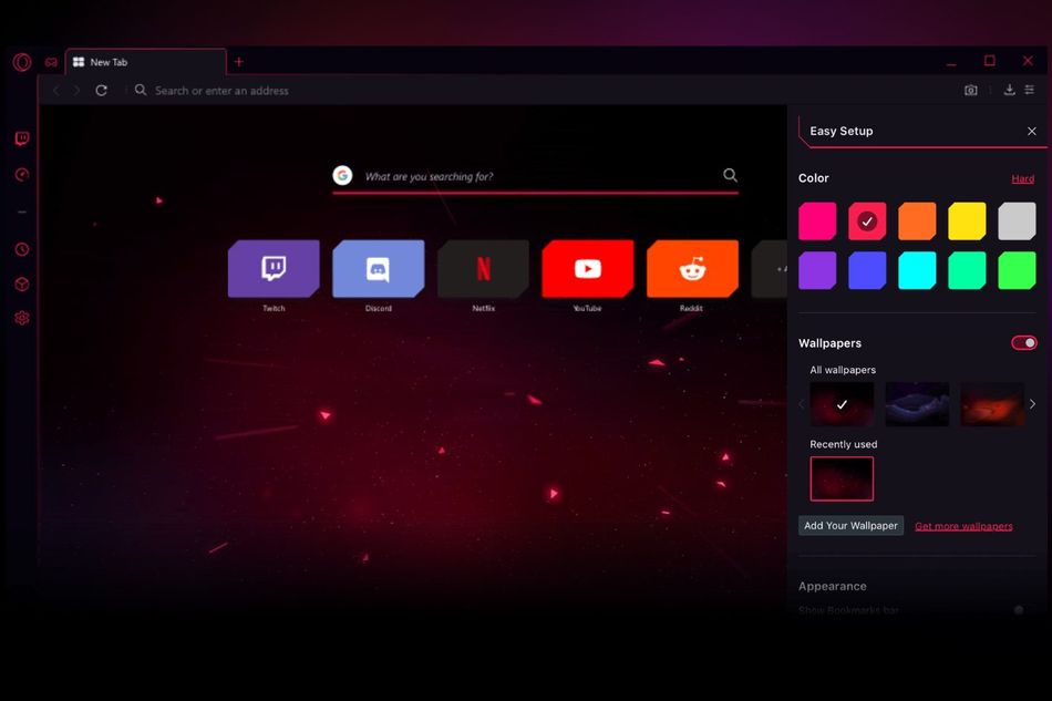 screenshot showing customisation options in opera gx
