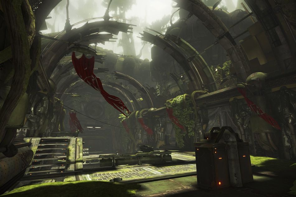 A decayed arched structure from one of Warframe's maps