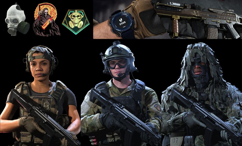 artwork showing Modern Warfare battle pass - charms, emblems, blueprints and operator skins.