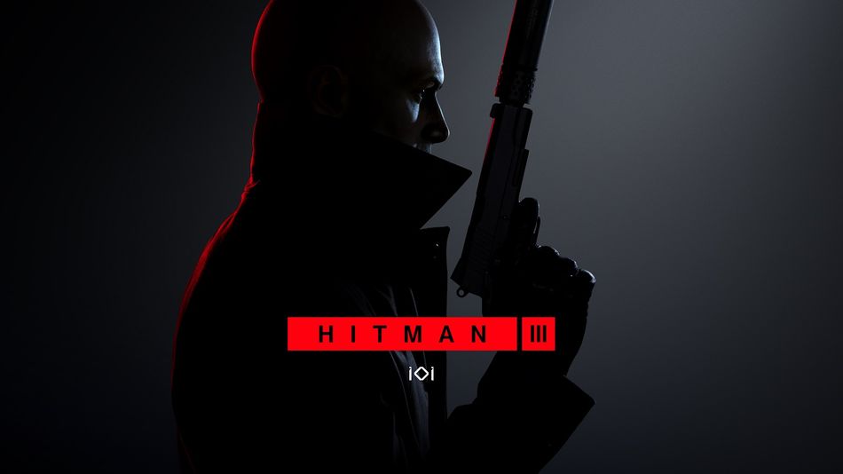Hitman 3 official art showing Agent 47 holding a silenced gun