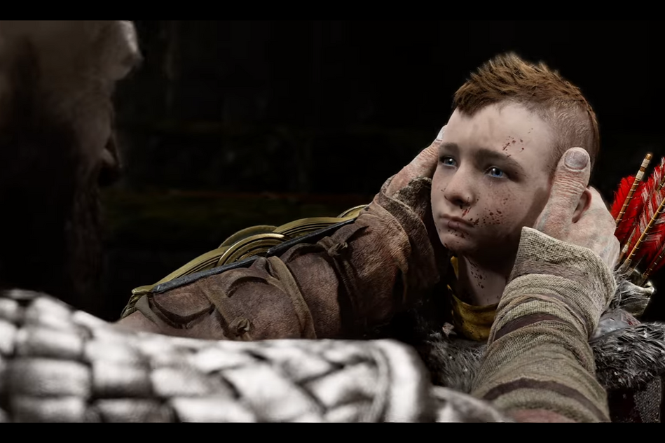 Kratos holds his sond Atreus in a dark background.