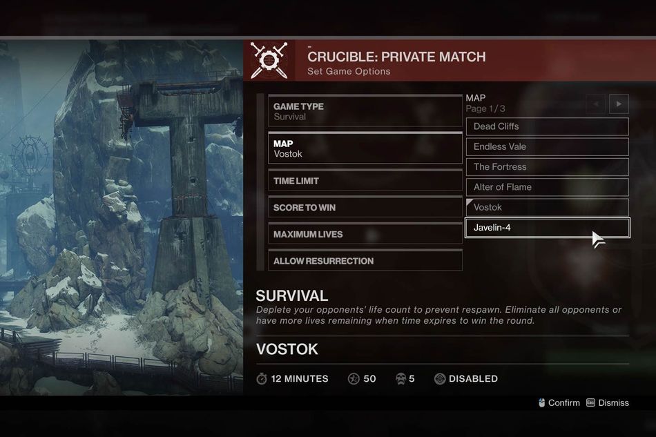 Create game screen in private match feature of Destiny 2