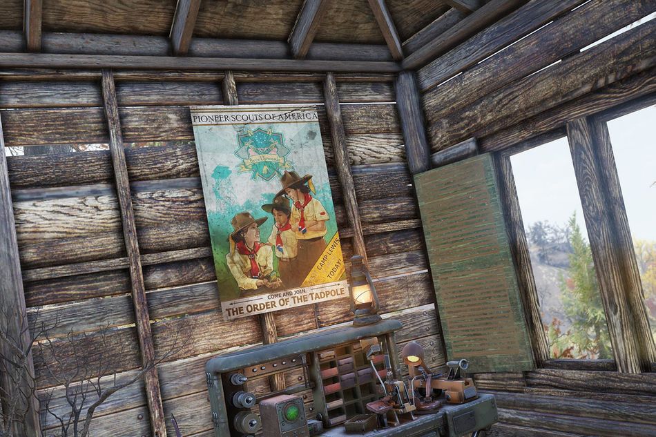 fallout 76 screenshot showing a photo on a wall of wooden shack