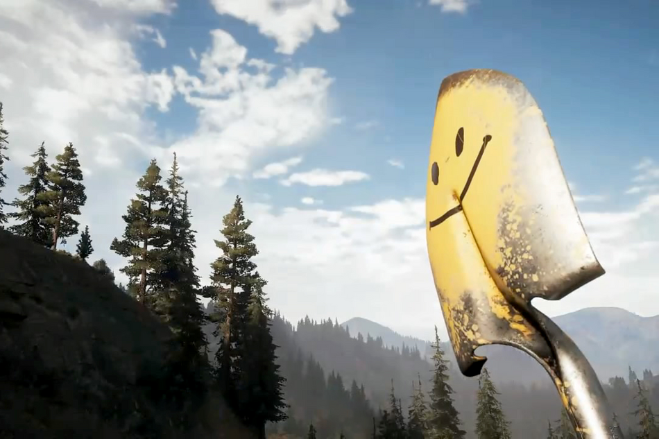 Far Cry 5 shovel is seen with its smiley face in a Montana valley.