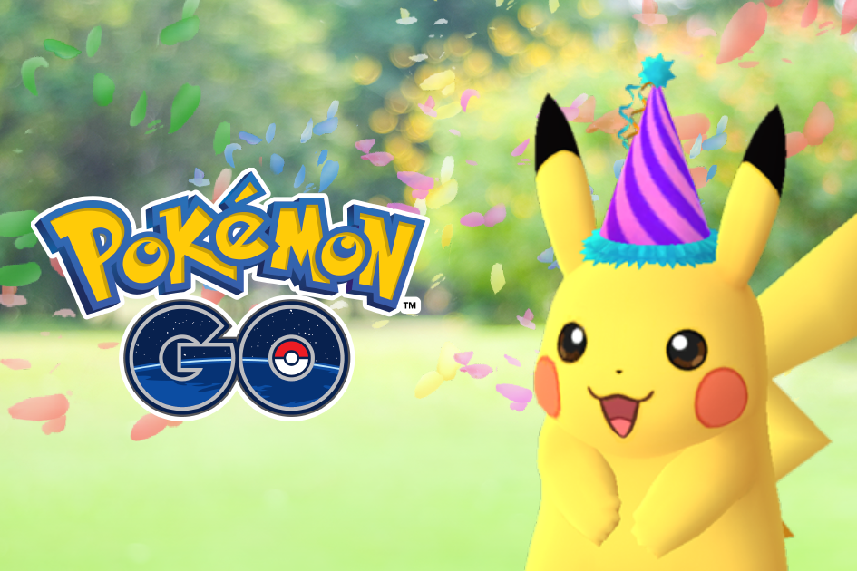 Pikachu wearing a festive hat standing next to a Pokemon GO logo