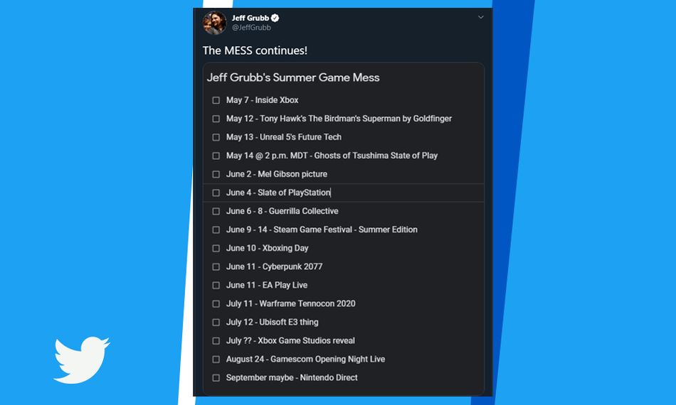 Twitter artwork showing Jeff Grubb's list of events