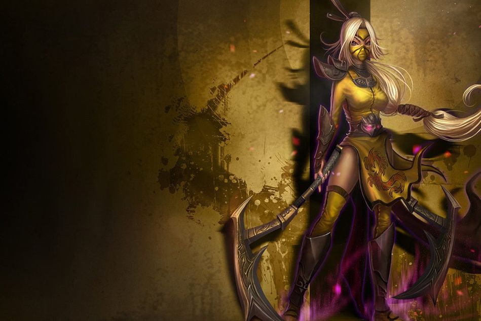 Splash art for Stinger Akali skin, where she is wearing her yellow suit and looks a lot like the Bride from Kill Bill.