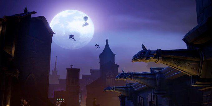 fortnite artwork showing gargoyles statue, fool moon and buildings