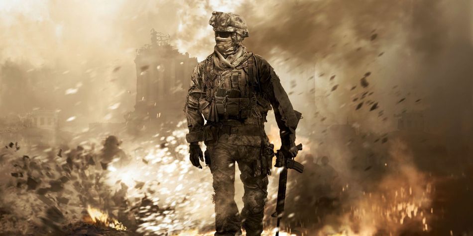 A soldier looking at a burning and dusty site in Call of Duty 