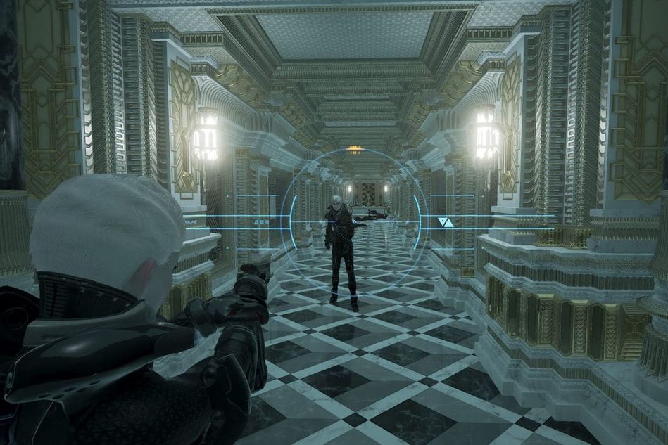 screenshot showing a female character in black suit aiming at enemy in white hallway