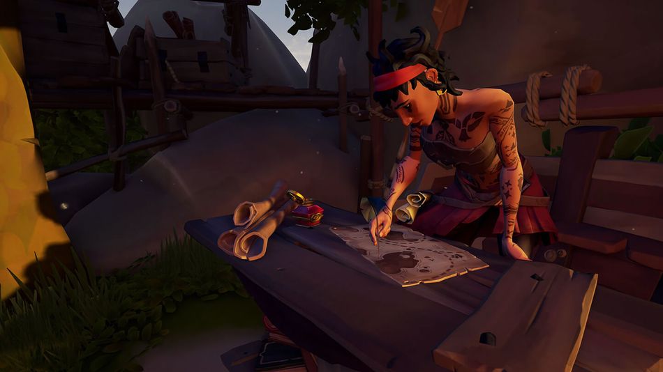 Sea of Thieves character Umbra hunched over a map