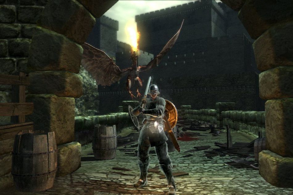 Screenshot from Demon's Souls where the player is standing beneath a stone arch.